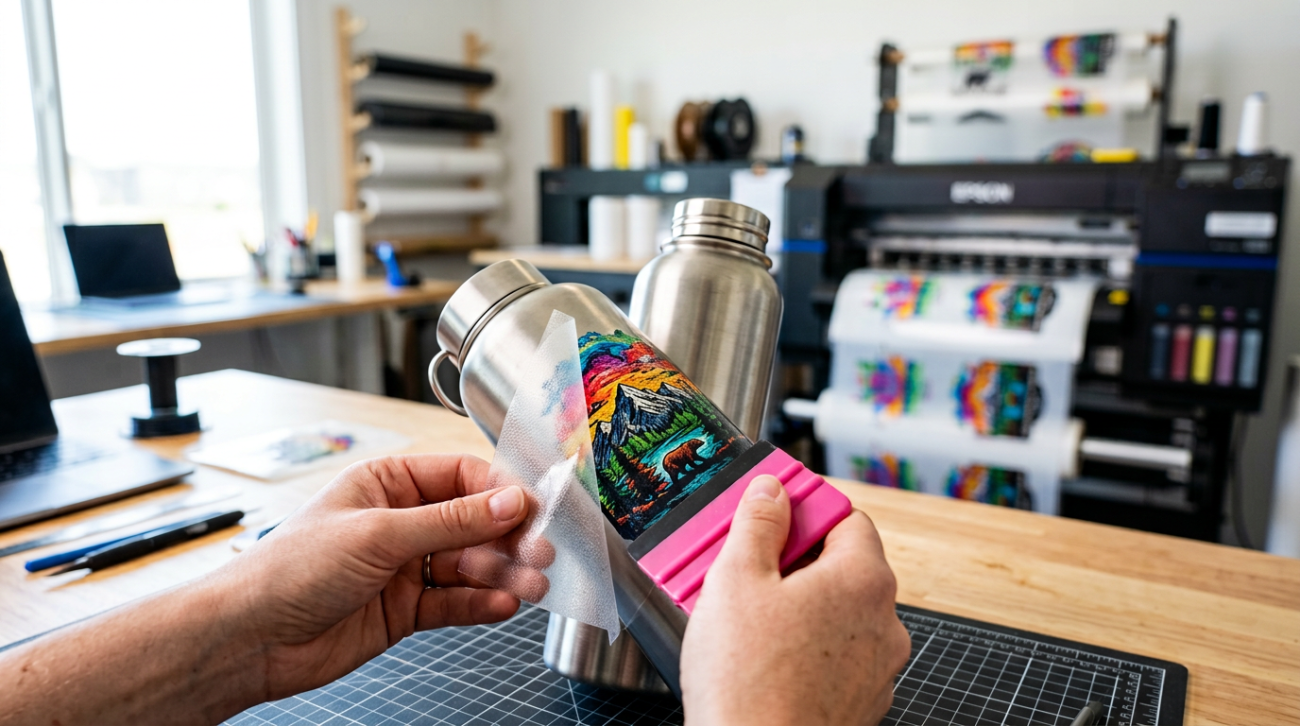 UV DTF crystal sticker transfer applied on steel bottle