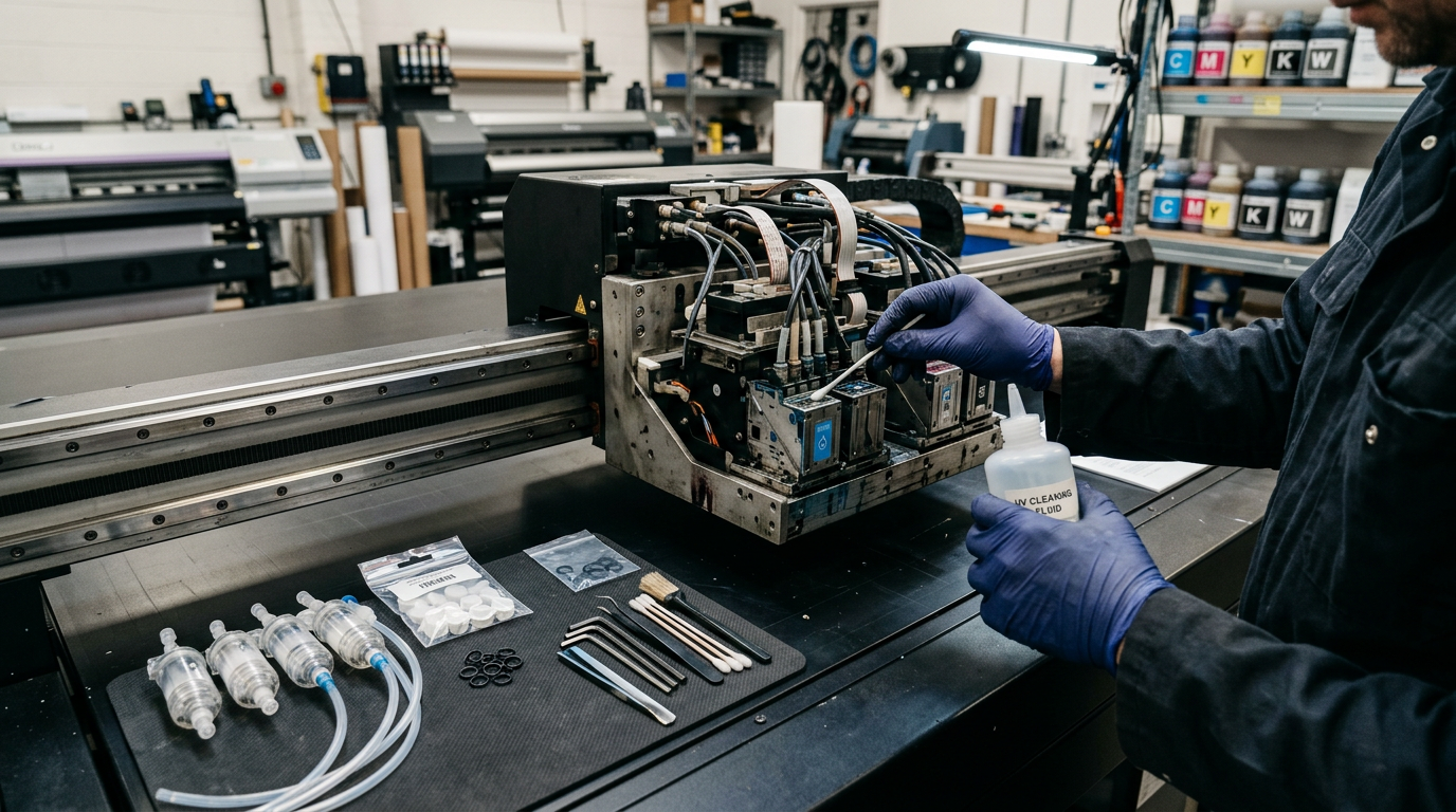 UV printer maintenance troubleshooting printhead cleaning service